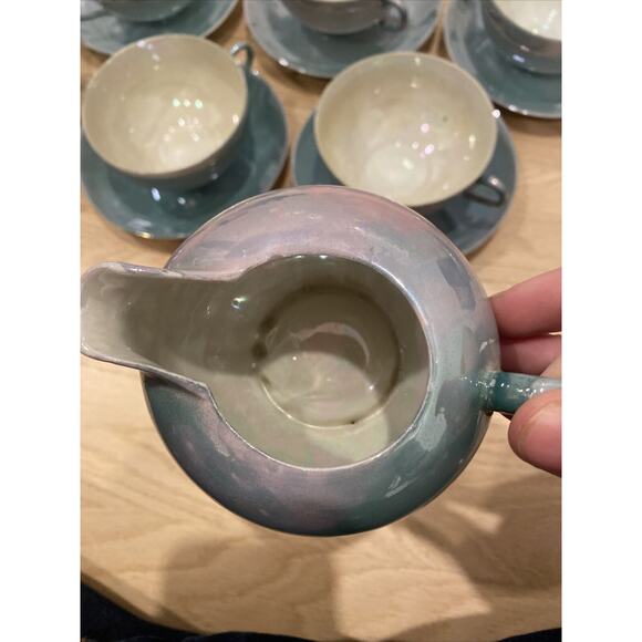 Lusterware Tea Set For 5 - Teapot, Sugar, Creamer, Cups & Saucers Japan Aqua - Picture 7 of 16